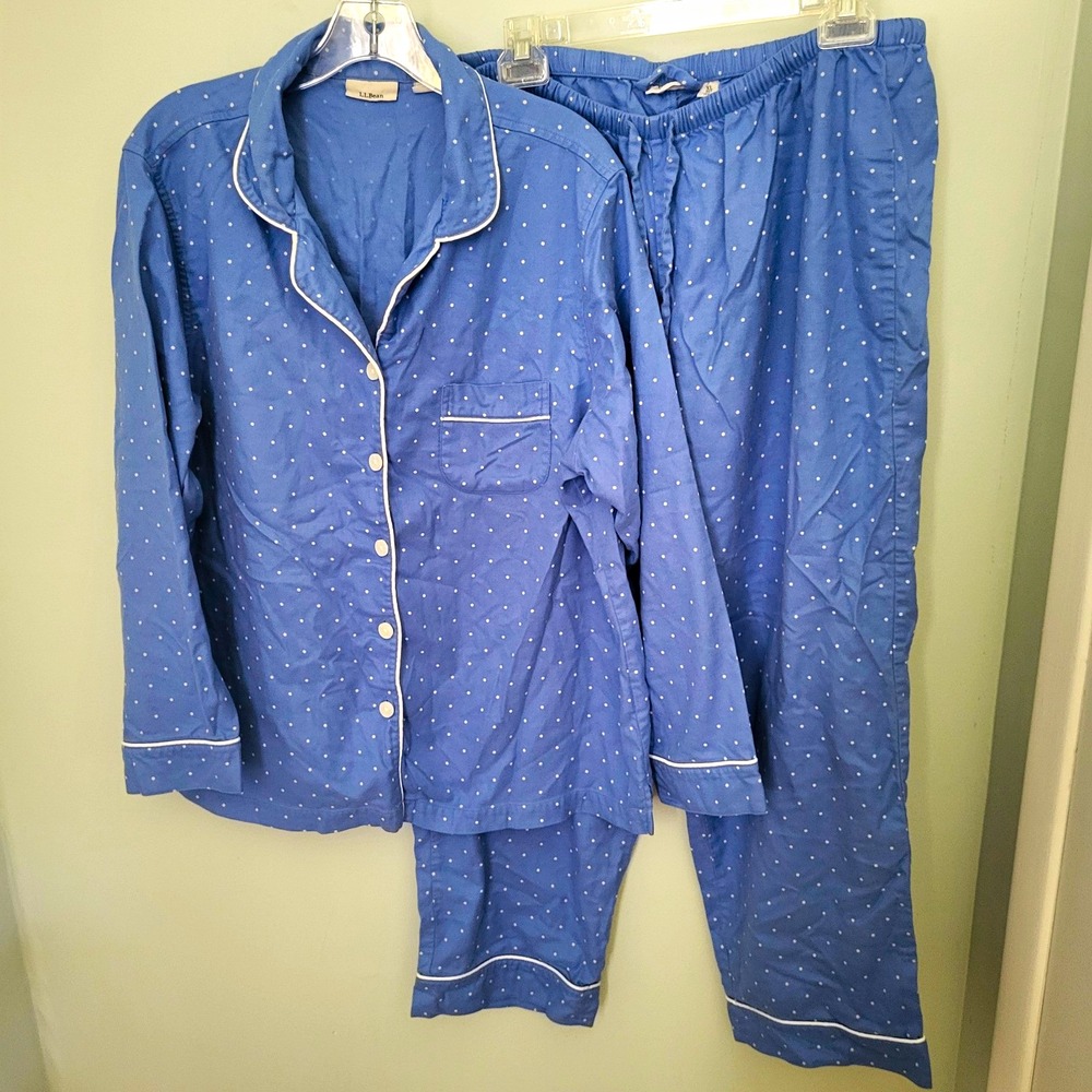 L.L.Bean Women XL Petite Cotton 2 Pc Pajama Set Button Polka Dot Blue